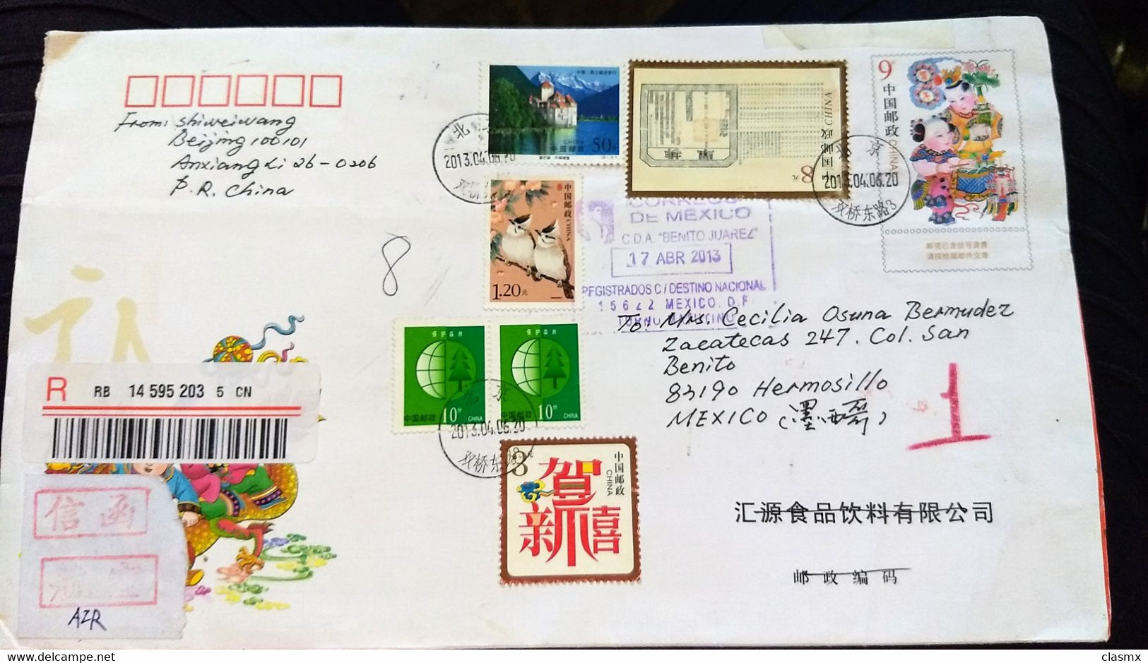 China To MÉXICO 2013 Multifranked Registered Cover Reencaminada Route 1 - Luftpost