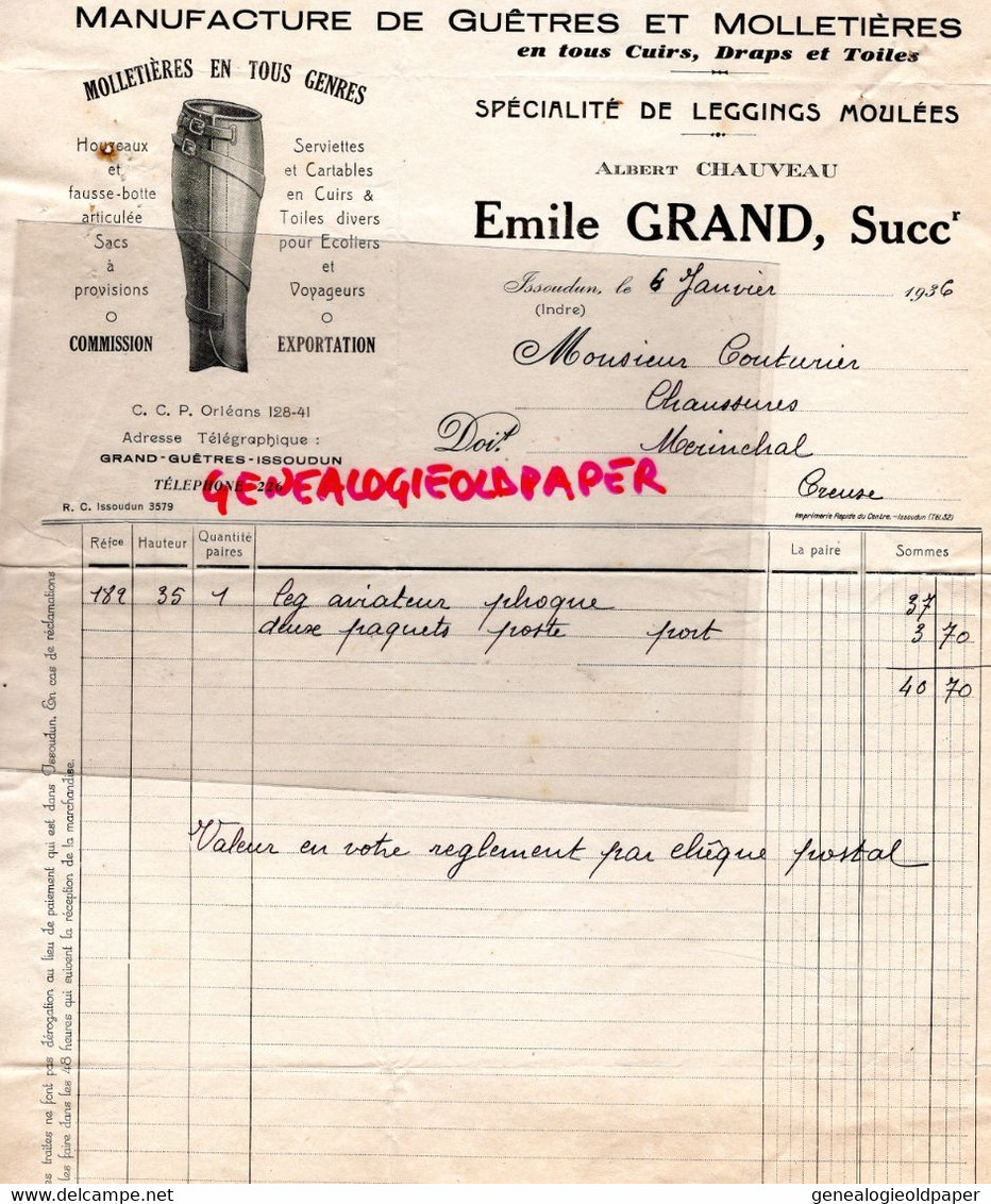 36- ISSOUDUN - RARE FACTURE EMILE GRAND -ALBERT CHAUVEAU-MANUFACTURE GUETRES MOLLETIERES-CUIR-LEGGINGS-GUETRE-1936 - Kleidung & Textil