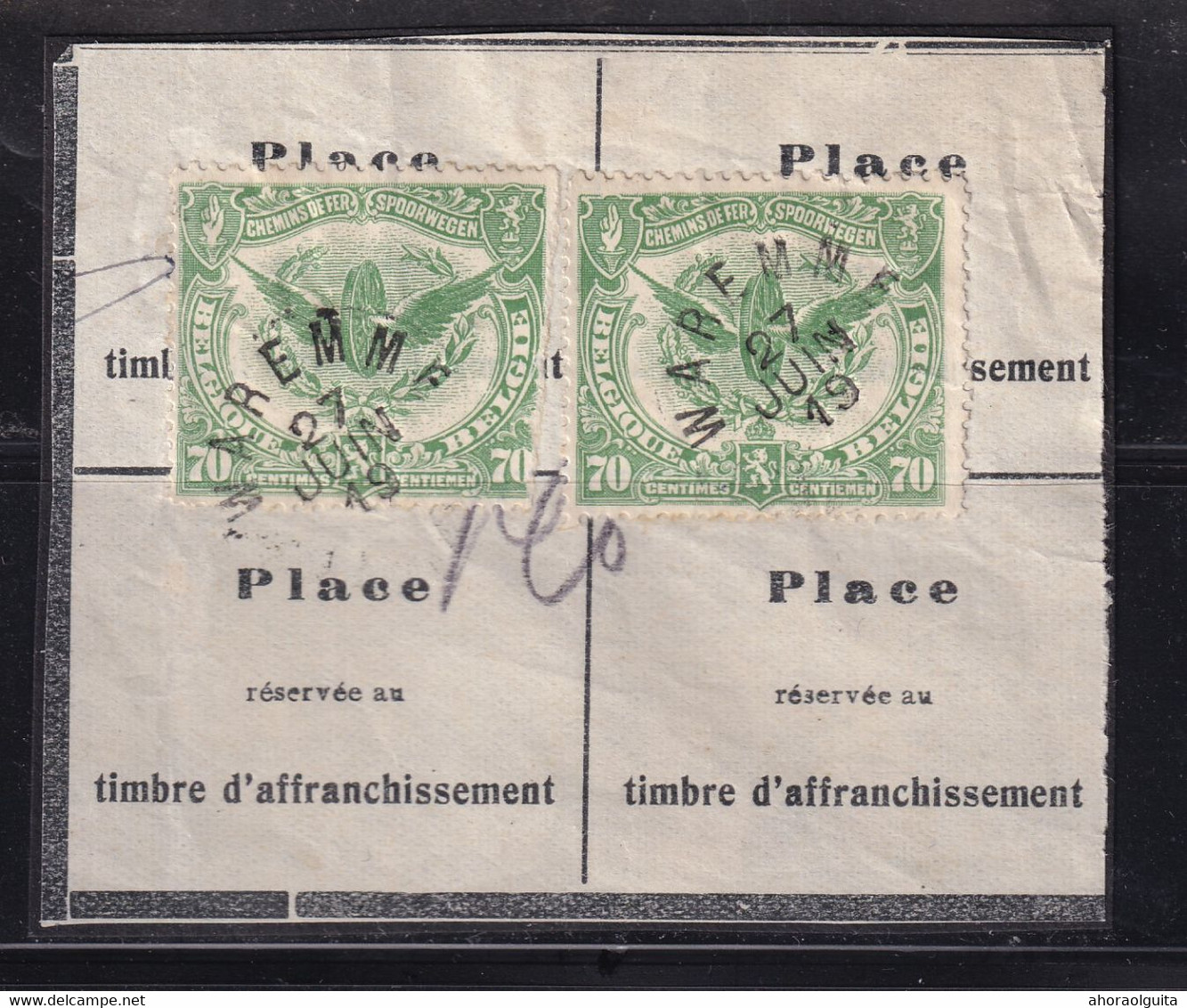 646/37 -- Timbre Chemin De Fer  X 2 Sur Fraglment De Bordereau - Cachet De FORTUNE 1919 Electoral WAREMME - Autres & Non Classés