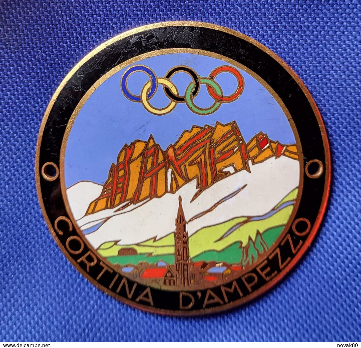 VINTAGE ENAMEL AUTOMOBILE CAR BADGE, OLYMPIC GAMES CORTINA D'AMPEZZO ITALY 1956 - Jeux Olympiques