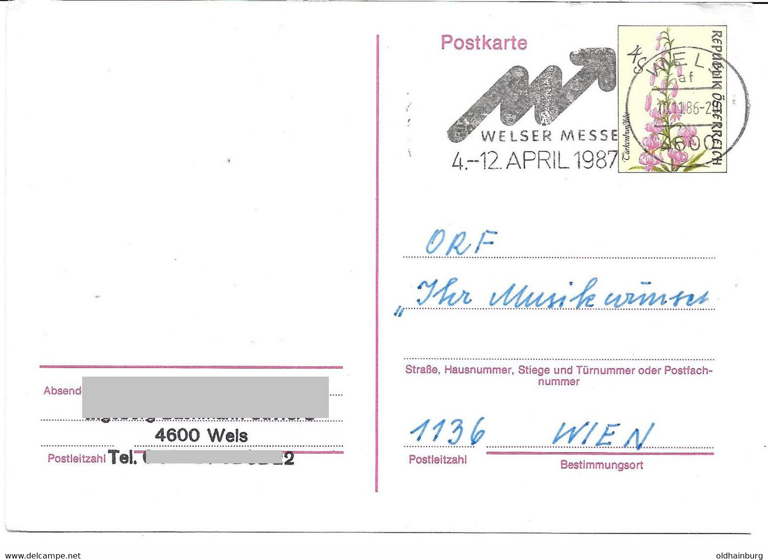 2225l: Österreich- Postkarte 1986 Mit "Musikwunsch" An Den ORF Via 4600 Wels (Werbestempel) - Wels