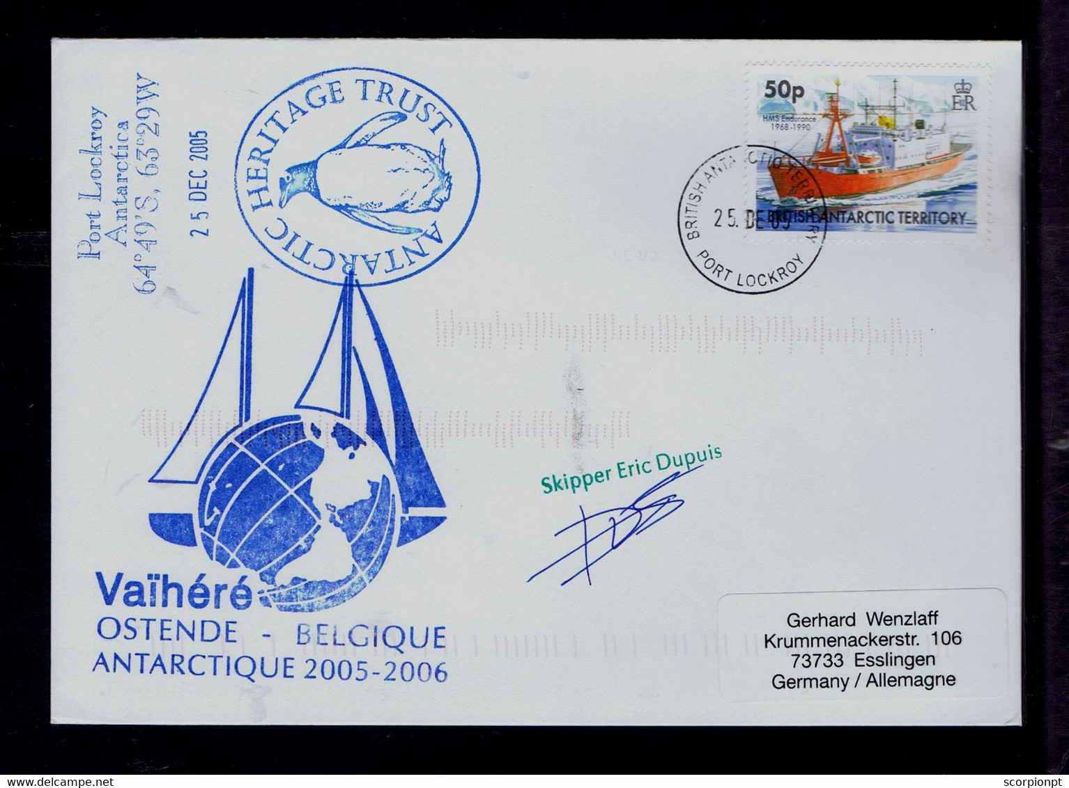 Sp9090 BRITISH ANTARTIC TERRITORY Port Lockroy -Antartic Heritage Trust "VAIHÉRÉ" Ostende Belgique Mailed Christmas Day - Faune Antarctique