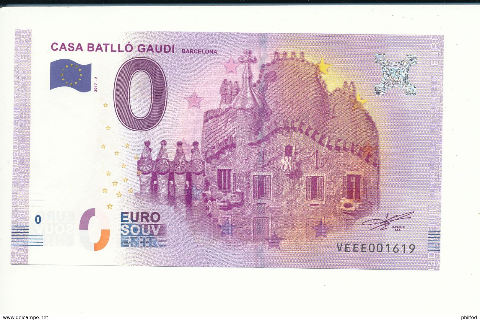 Billet Souvenir - 0 Euro - VEEE - 2017-2 - CASA BATLLÓ GAUDI BARCELONA - N° 1619 - Billet épuisé - Vrac - Billets