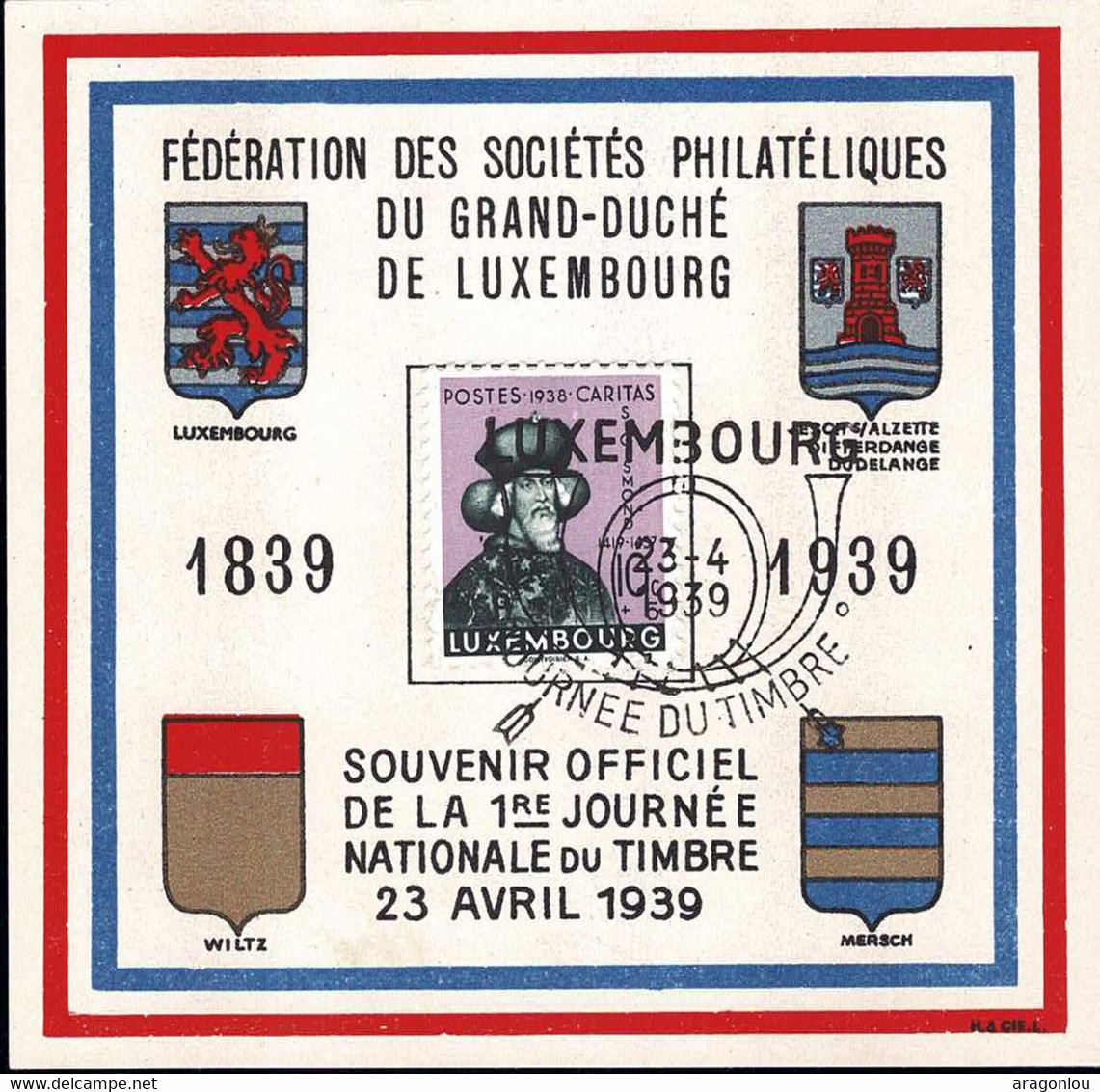 Luxembourg, Luxemburg 1939 Petite Carte 1e Journée Du Timbre FSPL, Timbre Caritas - Tarjetas Conmemorativas