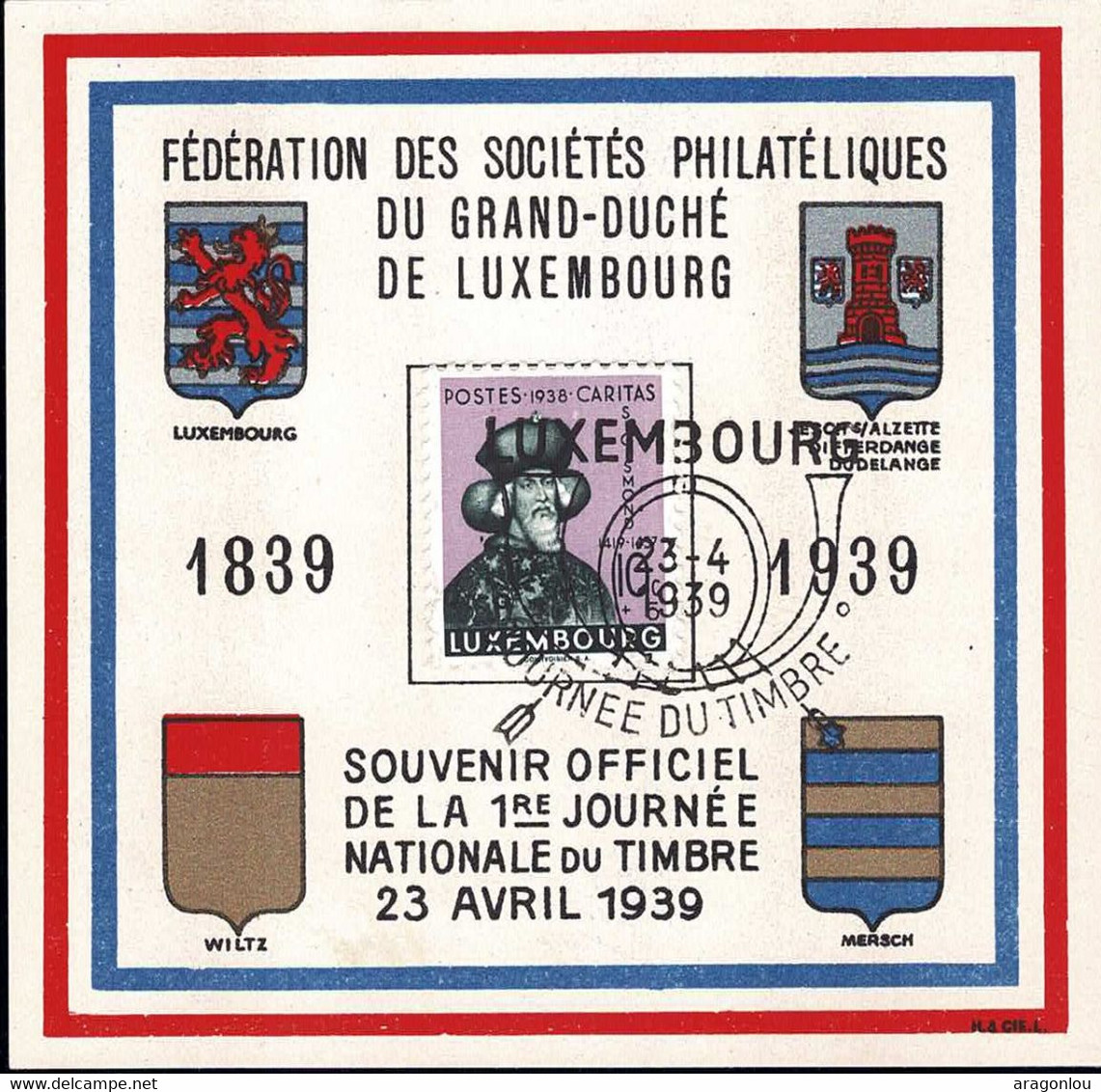Luxembourg, Luxemburg 1939 Petite Carte 1e Journée Du Timbre FSPL, Timbre Caritas - Cartes Commémoratives