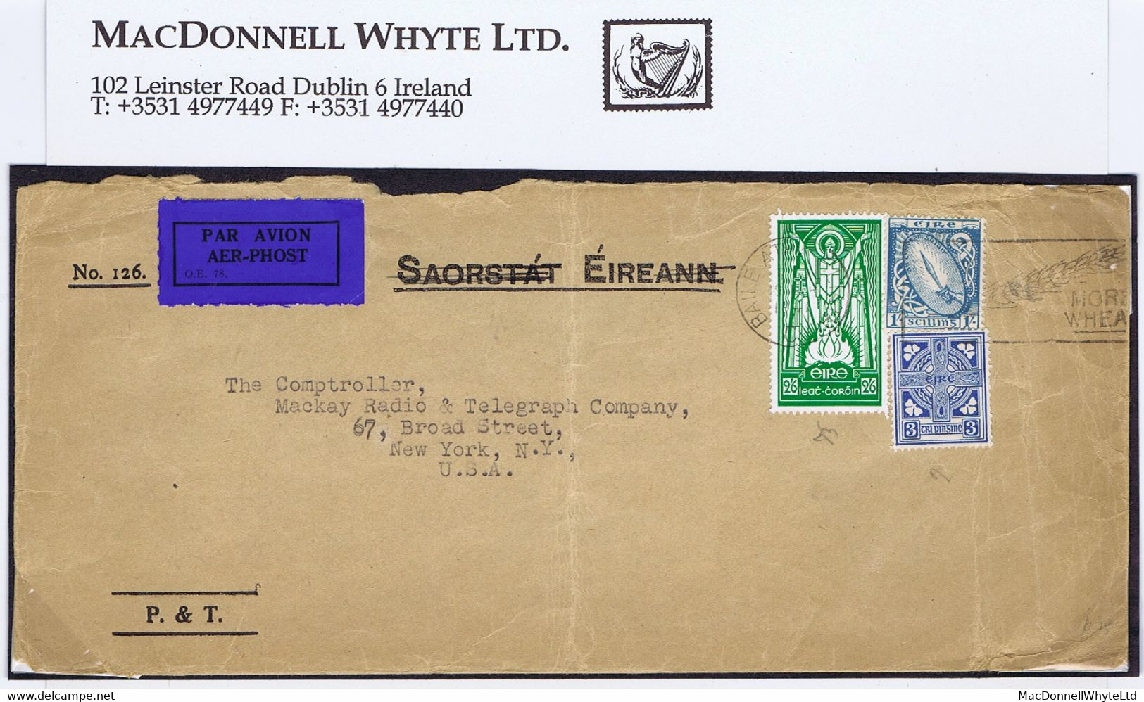 Ireland Airmail 1937 Wmk SE St. Patrick 2/6d Green With SE 3d And E 1/- Definitives On P&T Airmail Cover To New York - Covers & Documents