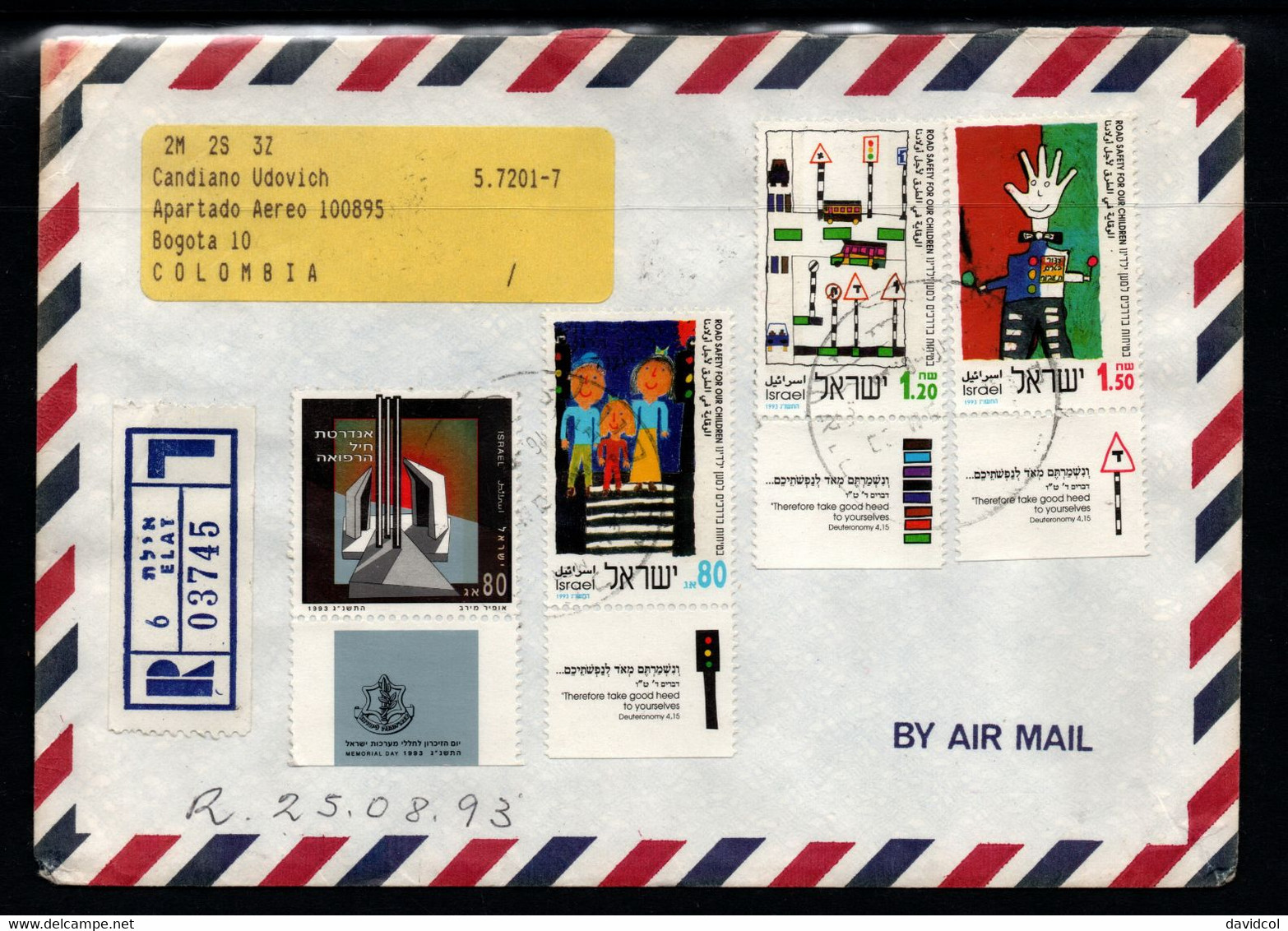 CA425- COVERAUCTION!!! - ISRAEL- ELAT  TO COLOMBIA (21-AG-93) - MEMORIAL DAY - Lettres & Documents