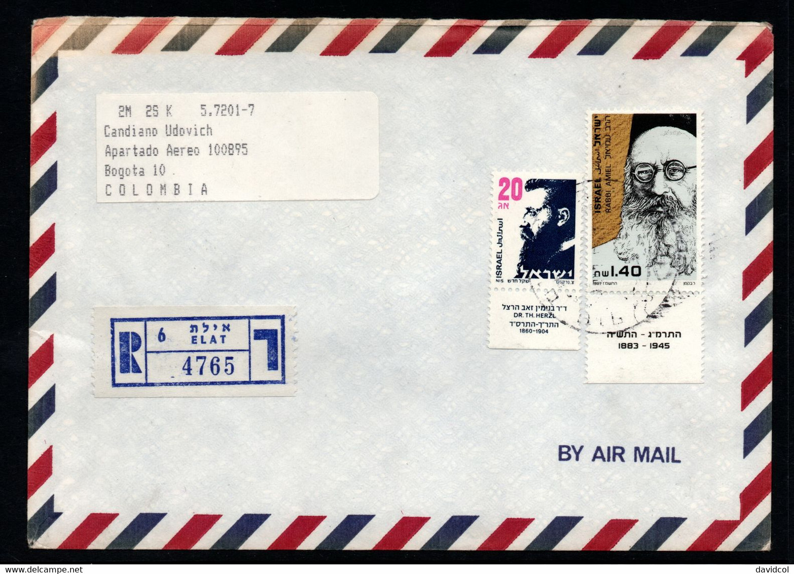 CA436- COVERAUCTION!!! - ISRAEL- ELAT  TO COLOMBIA  (28-NOV-87 ) - HERZL AND RABBI AMIEL - Cartas & Documentos