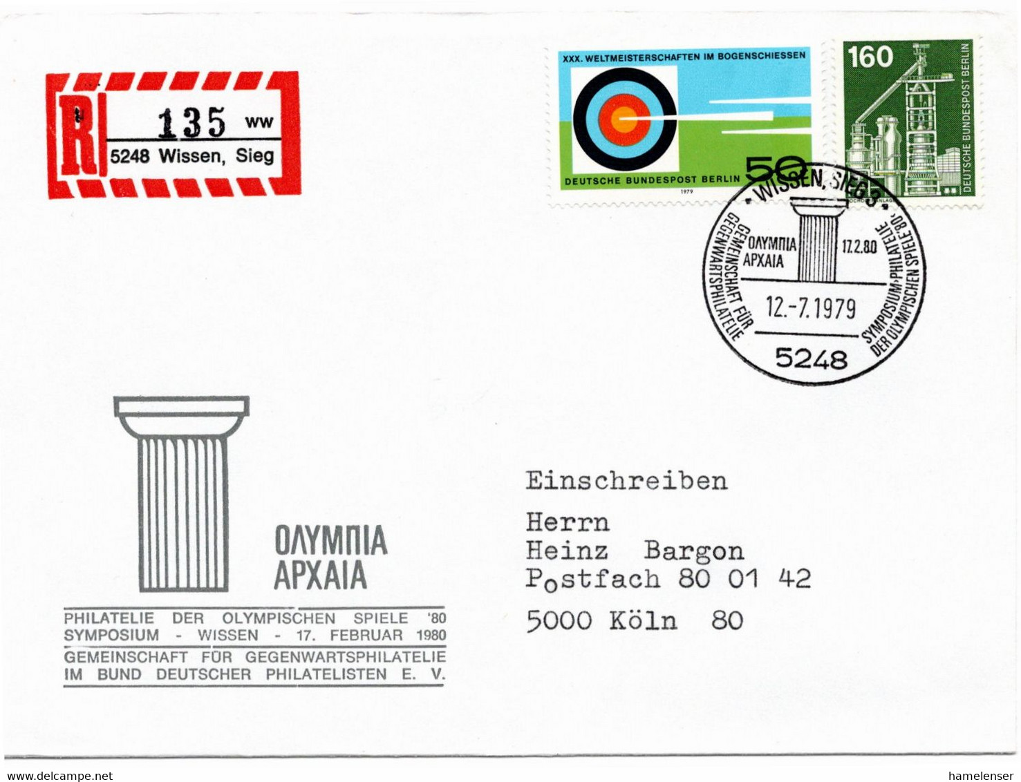 54463 - Berlin - 1979 - 160Pfg I&T MiF A R-Bf SoStpl WISSEN - ... PHILATELIE DER OLYMPISCHEN SPIELE '80 -> Koeln - Summer 1980: Moscow