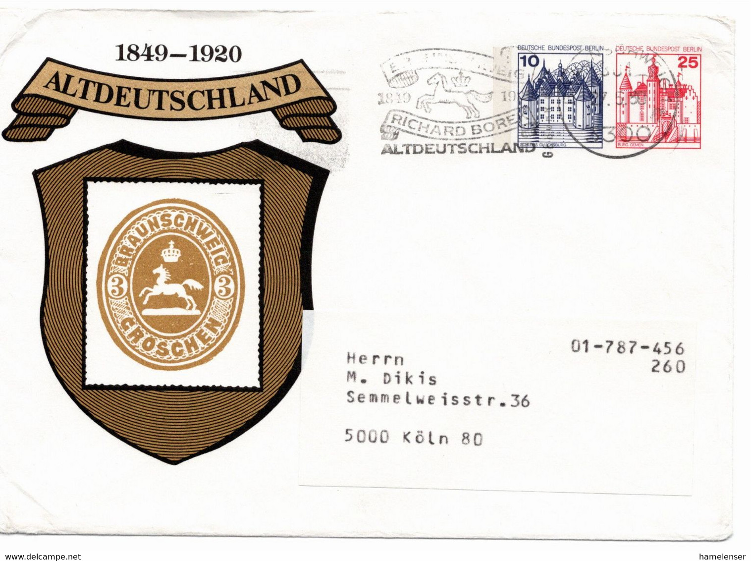 54466 - Berlin - 1980 - 10Pfg&25Pfg B&S PGAUmschl AbsStpl BRAUNSCHWEIG - RICHARD BOREK ALTDEUTSCHLAND ... -> Koeln - Briefmarken Auf Briefmarken