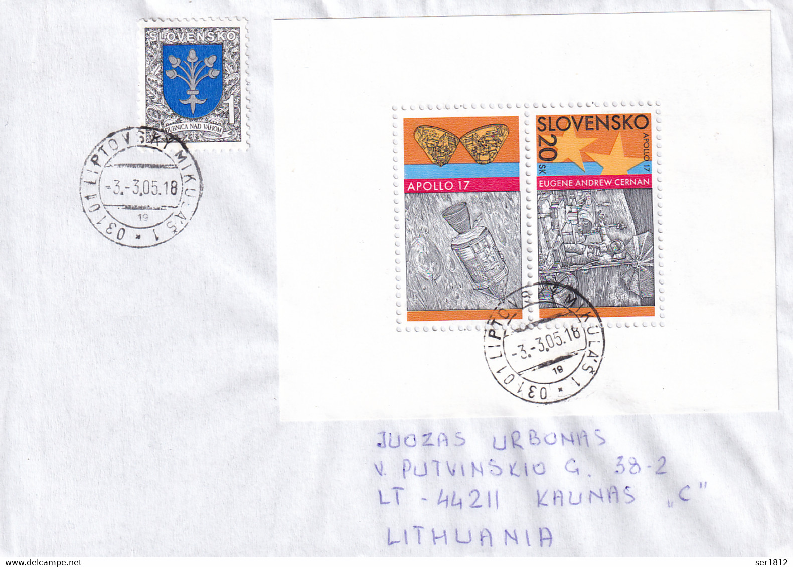 SLOVAKIA 2005 03 03 Space Cover From LIPTOVSKY MIKULAS To Kaunas Lithuania  30 Th Anniversary Of Last Apollo 17 Flight - Covers & Documents