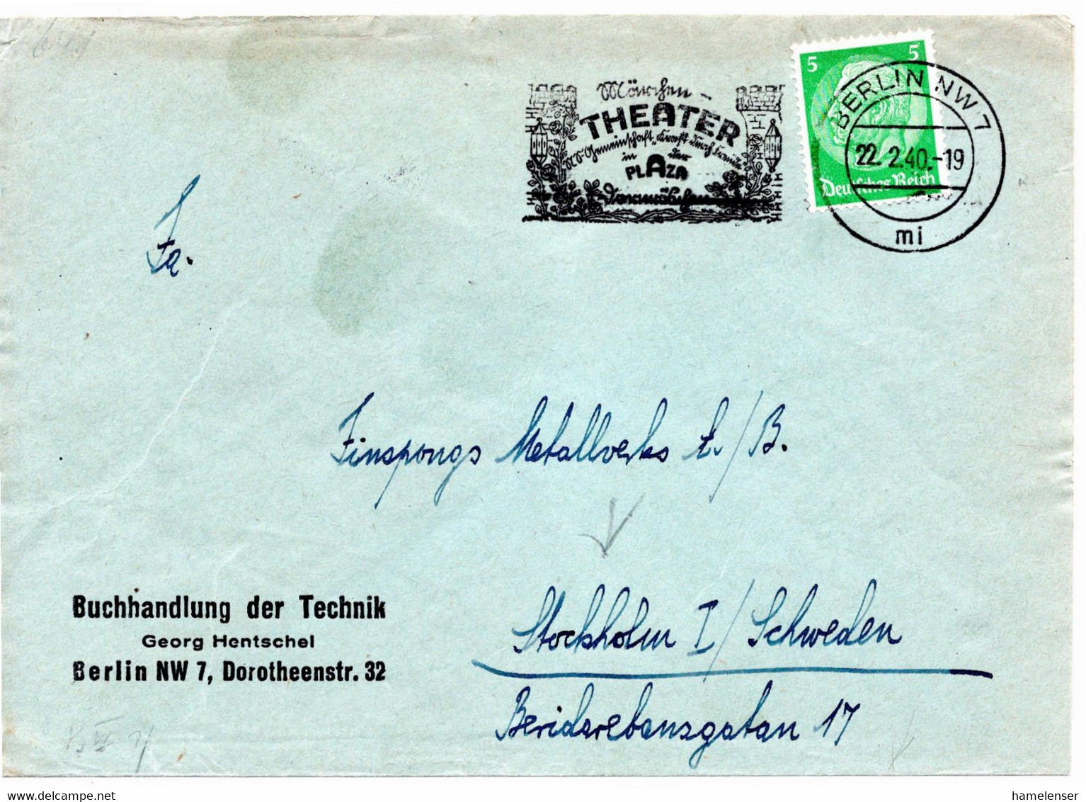 54476 - Deutsches Reich - 1940 - 5Pfg Hindenburg EF A DrucksBf BERLIN - ...DORNROESCHEN -> Schweden, Rs Dt Zensurstpl - Fairy Tales, Popular Stories & Legends