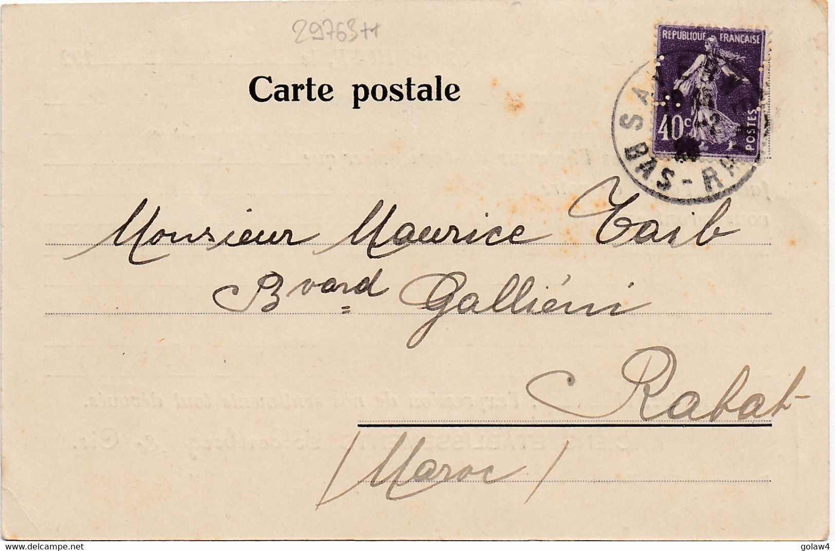 29763# SEMEUSE PERFORE Z. TRES DECALE PERFIN CARTE POSTALE ZORNHOFF Obl SAVERNE BAS RHIN 1929 RABAT MAROC - Covers & Documents