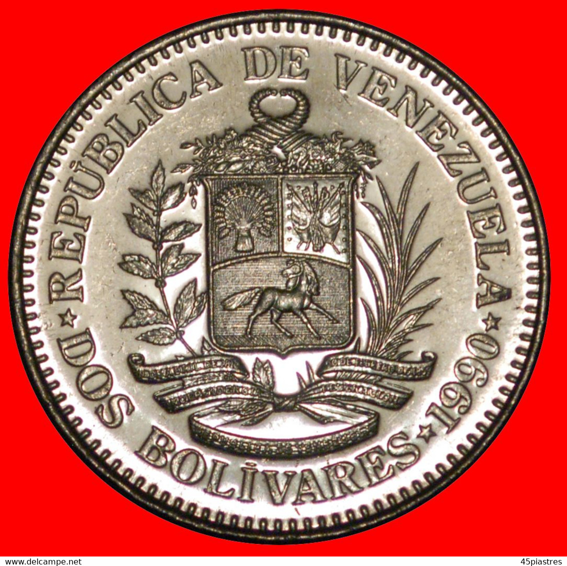 * CORNUCOPIAS: VENEZUELA  2 BOLIVARES 1990 MINT LUSTRE! BOLIVAR (1783-1830) TO BE PUBLISHED! LOW START  NO RESERVE! - Venezuela