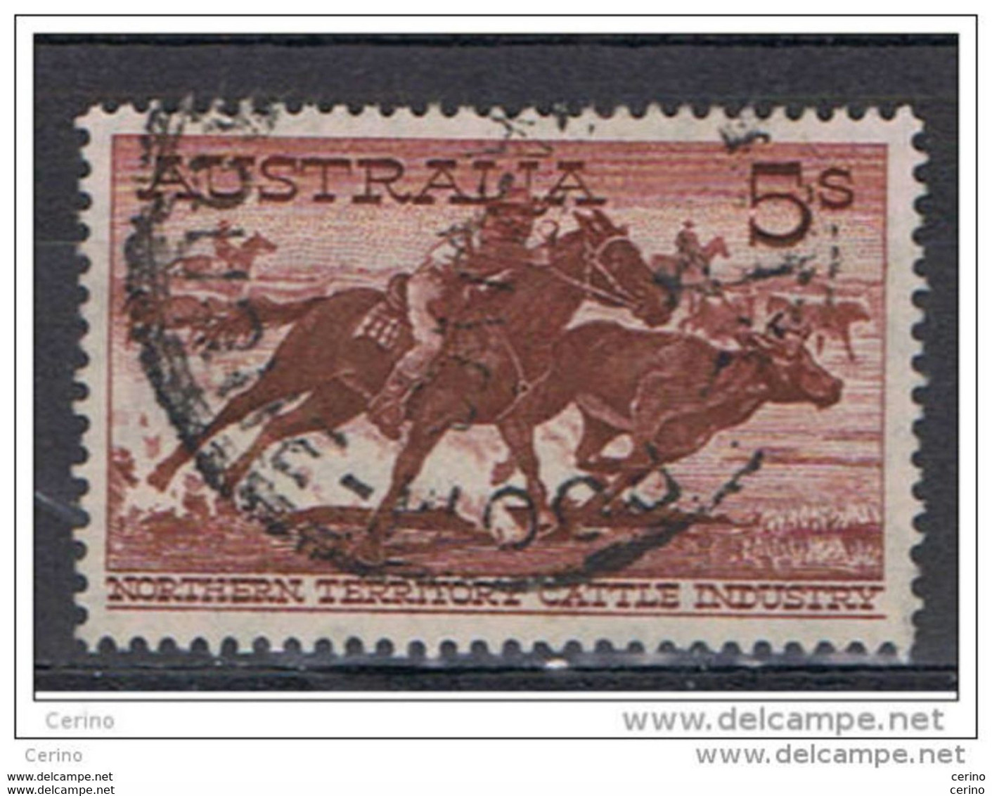 AUSTRALIA:  1961  COW  BOYS  -  5 S. USED  STAMP  -  WHITE  PAPER  -  YV/TELL. 274 A - Varietà & Curiosità
