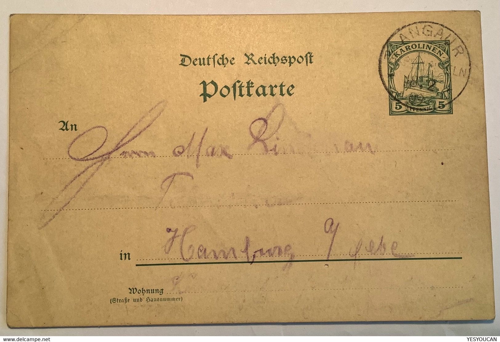 „ANGAUR KAROLINEN 1909“ RARE Cds Postal Stationery>Hamburg(Palaos Republic Of Palau Micronesia Japan USA Carolinas Cover - Carolinen