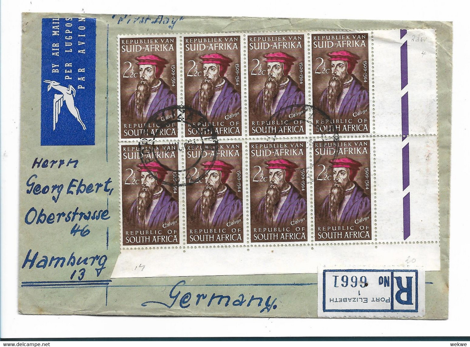 SA-R050 / SÜDAFRIKA - Calwyn, Reformator, 8-er Einheit Vom Ersttag, 10. Juli 1954, Einschreiben Port Elisabeth Nach Hamb - Neue Republik (1886-1887)