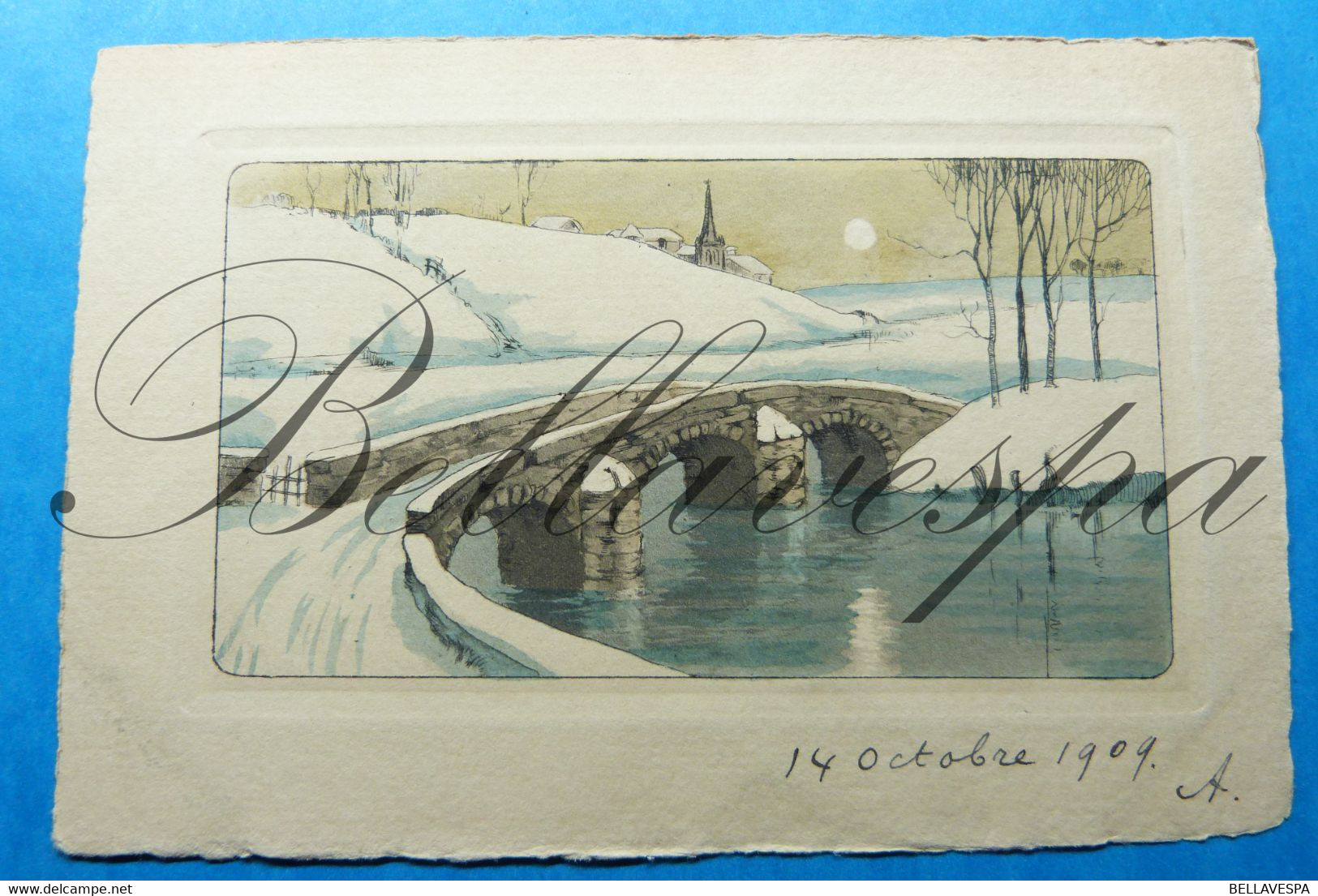 Paysage d'hiver. 4 x cpa (genre ets ou gravure) 1909. Athur naar  Maria Hanssens Schaerbeek