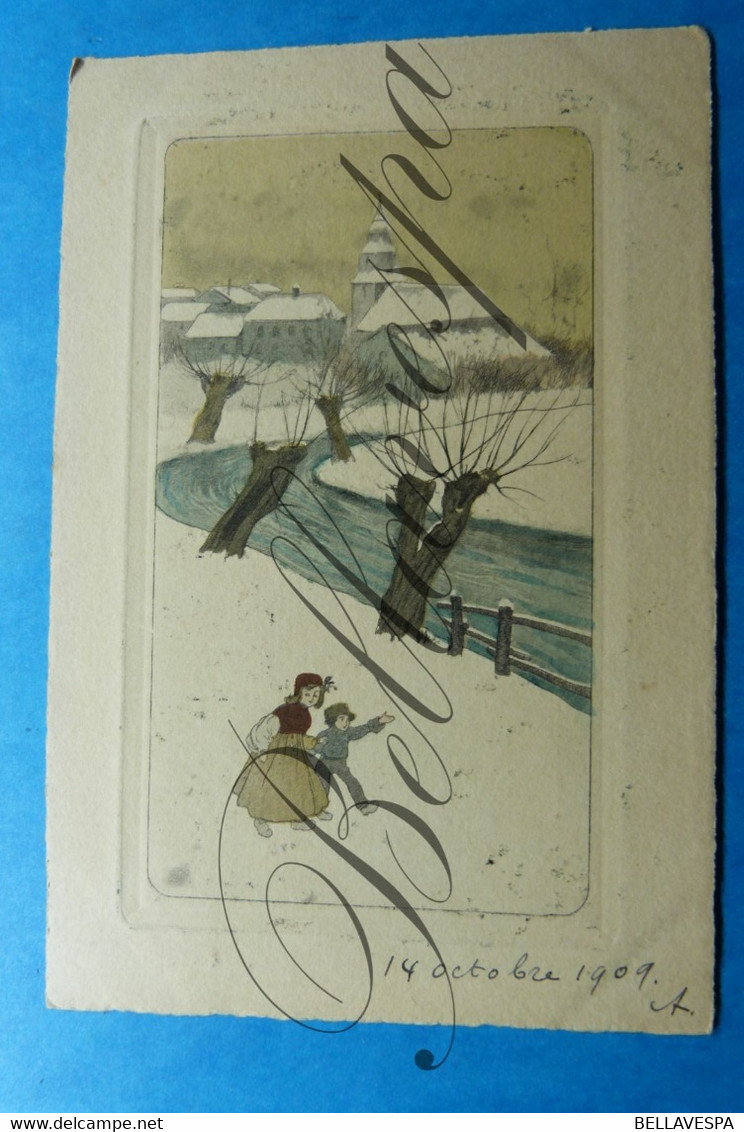 Paysage d'hiver. 4 x cpa (genre ets ou gravure) 1909. Athur naar  Maria Hanssens Schaerbeek