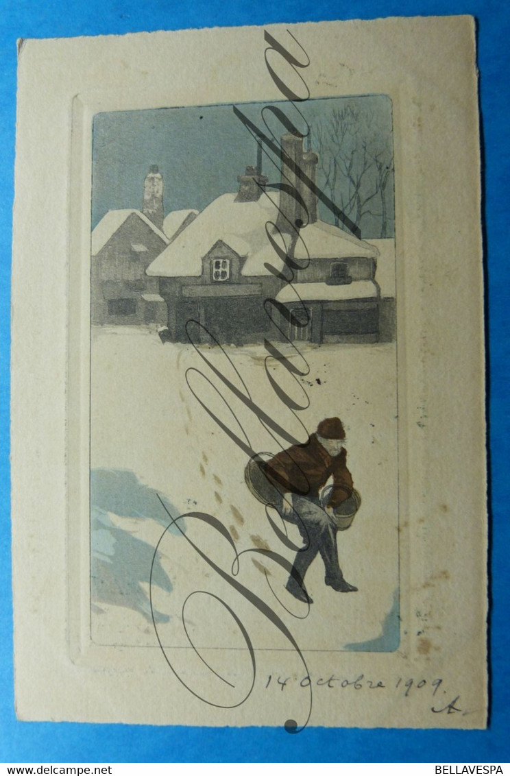 Paysage d'hiver. 4 x cpa (genre ets ou gravure) 1909. Athur naar  Maria Hanssens Schaerbeek