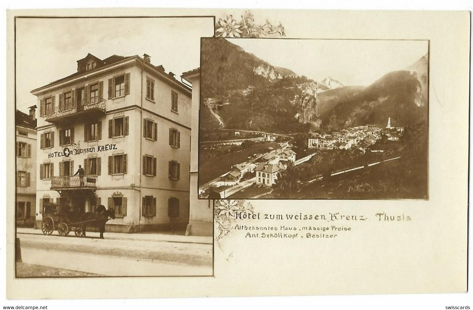 THUSIS: Hotel Zum Weissen Kreuz Mit Kutsche, Echt-Foto-AK - Thusis