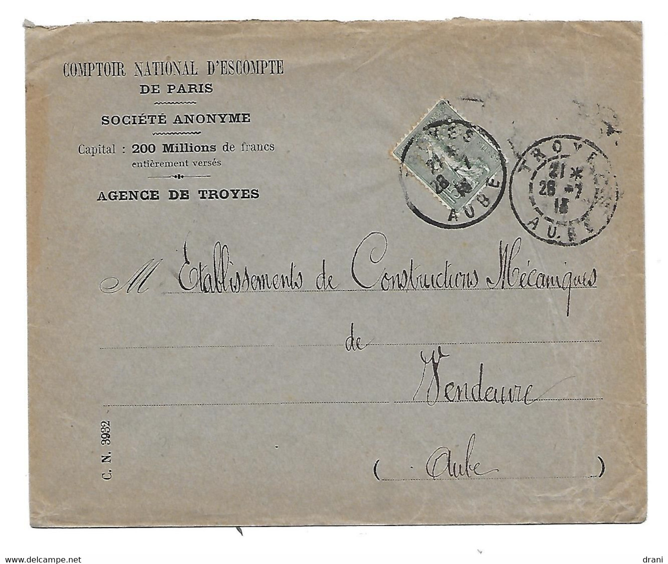 Env. 1913 - Comptoir Nal D'Escompte - Perf. CN 304 Sur Semeuse 15c - Covers & Documents