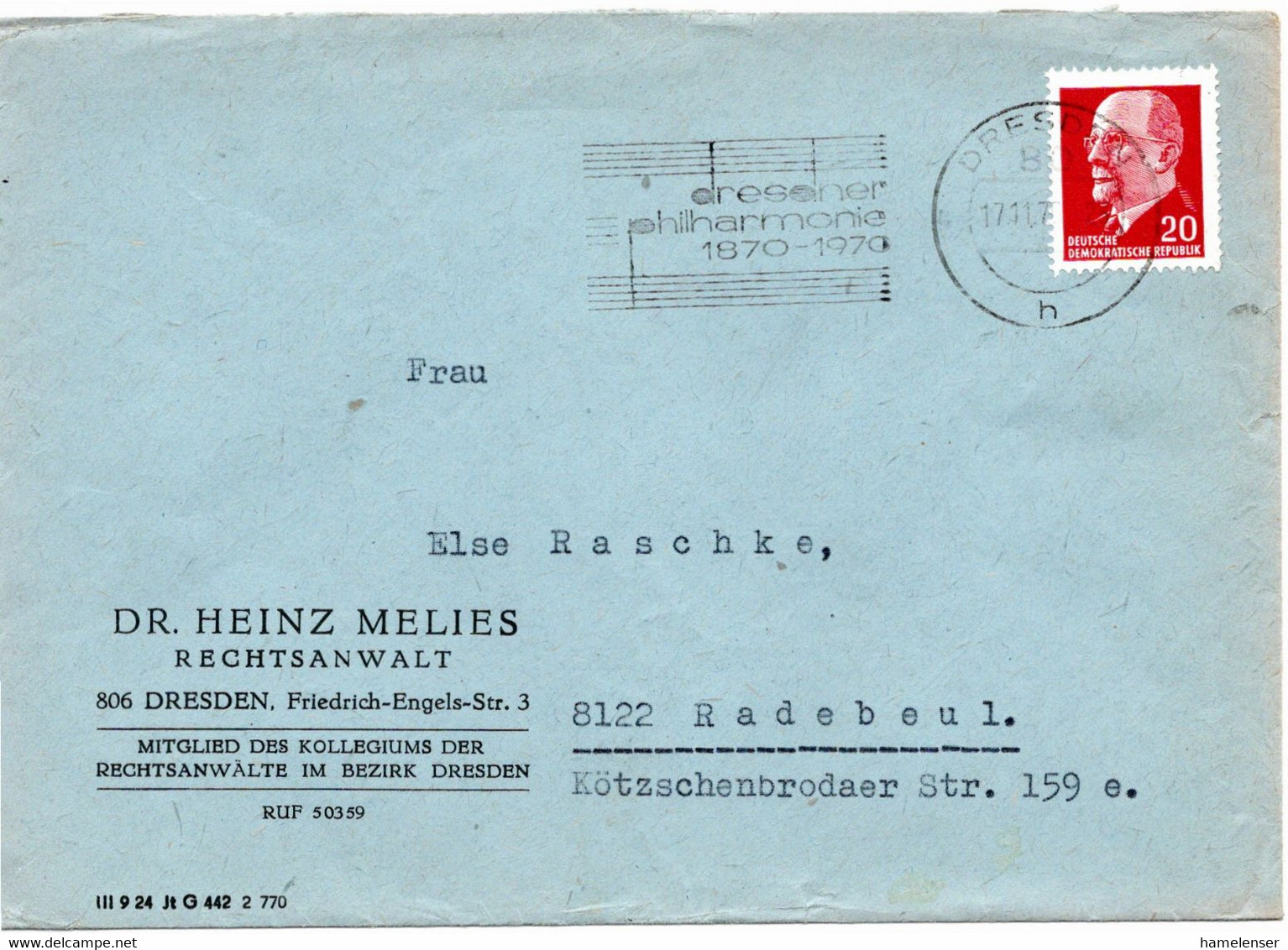 54489 - DDR - 1970 - 20Pfg Ulbricht EF A Bf DRESDEN - DRESDNER PHILHARMONIE 1870-1970 -> Radebeul - Musica