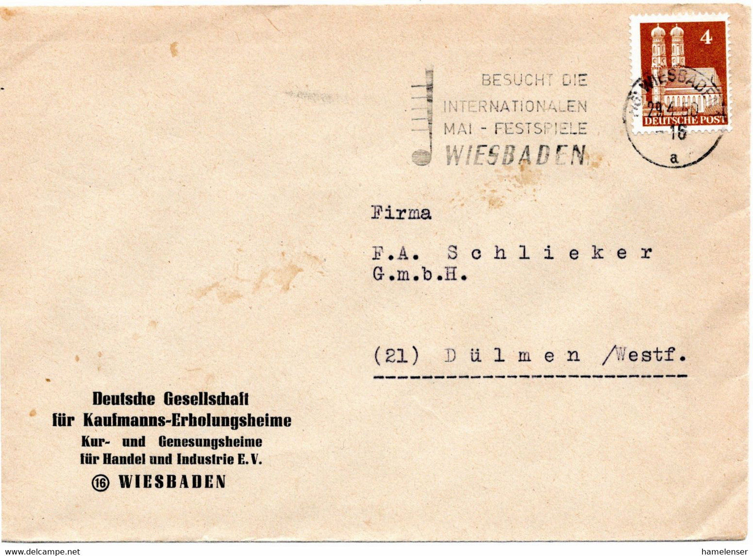 54490 - Bund - 1950 - 4Pfg Bauten EF A DrucksBf WIESBADEN - ... MAI-FESTSPIELE -> Duelmen - Musica