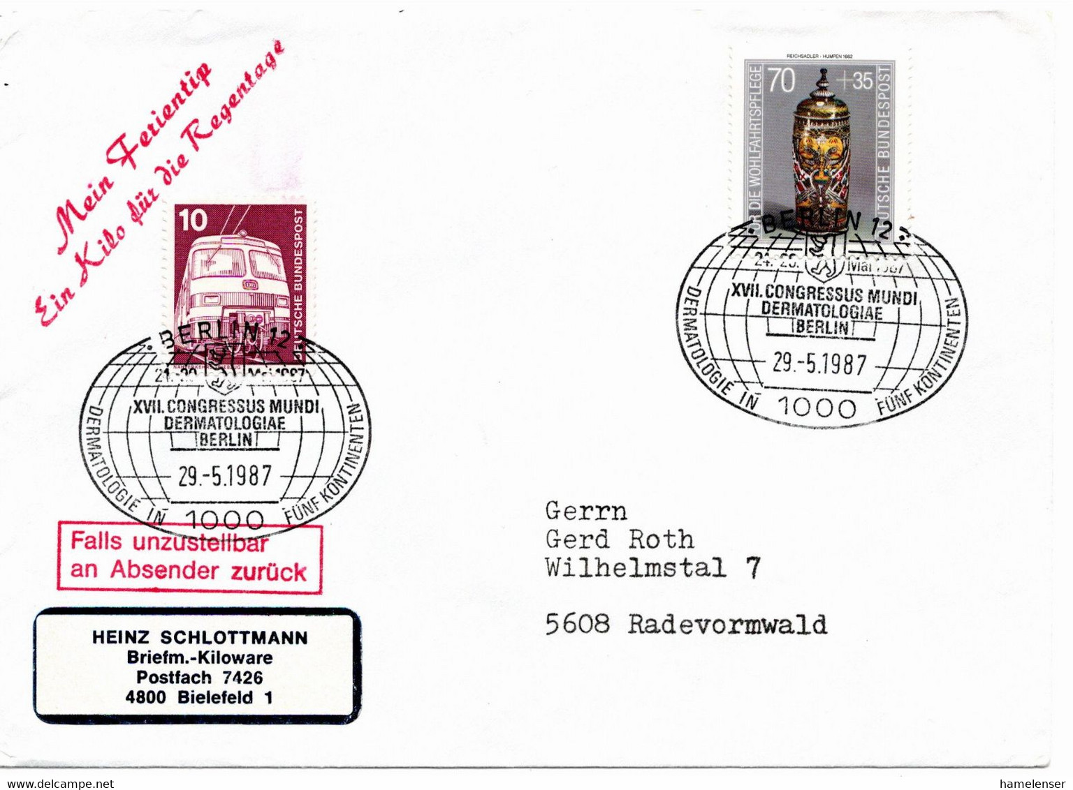 54495 - Bund - 1987 - 70Pfg WoFa '86 MiF A Bf  SoStpl BERLIN - XVII CONGRESSUS MUNDI DERMATOLOGIAE ... -> Radevormwald - Malattie