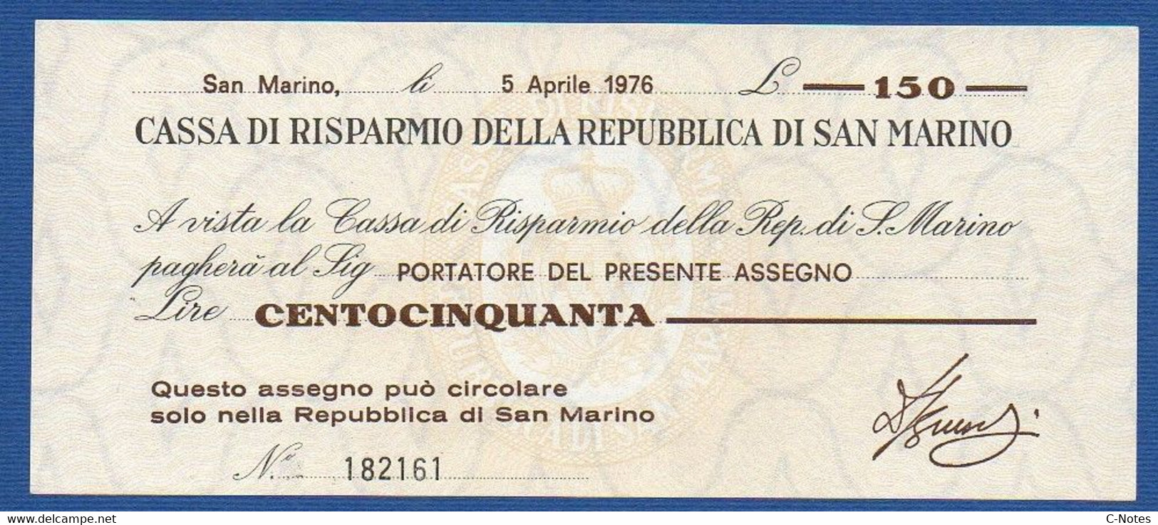 SAN MARINO - CASSA DI RISPARMIO - P. S101 (1-1) – 150 Lire 1976 AUNC, Serie 182161 - San Marino