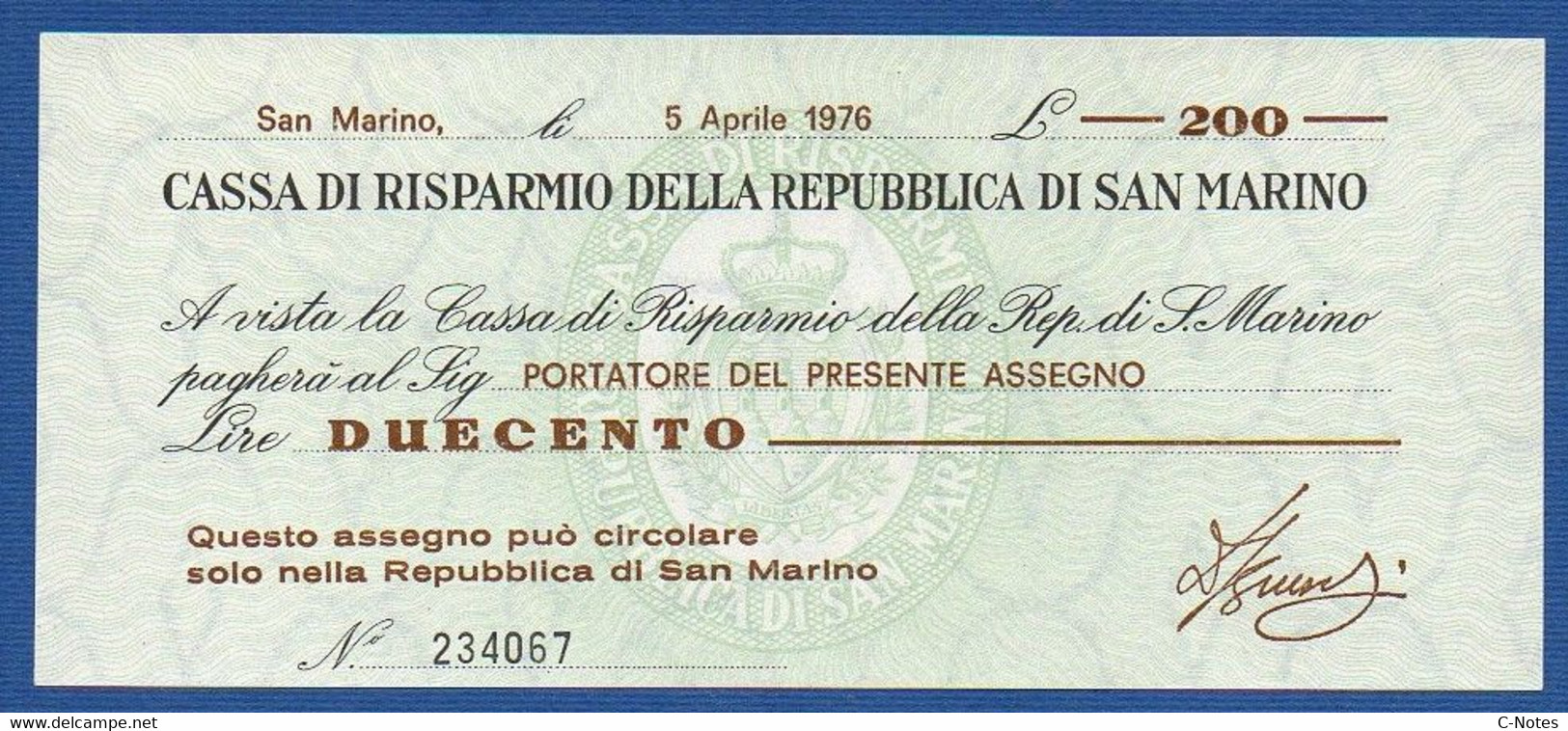 SAN MARINO - CASSA DI RISPARMIO - P. S102 (1) – 200 Lire 1976 UNC, Serie 234067 - Saint-Marin