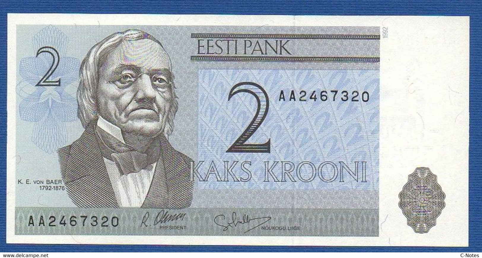 ESTONIA - P.70a – 2 Krooni 1992 UNC, Serie AA 2467320 - Estonie