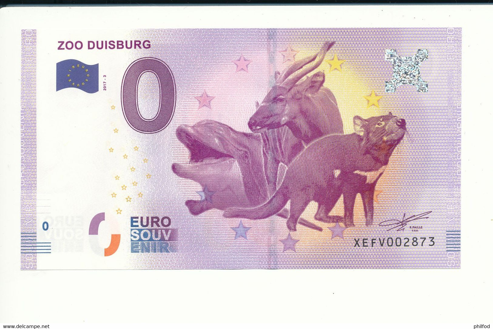 Billet Souvenir - 0 Euro - XEFV - 2017-3 - ZOO DUISBURG- N° 2873 - Billet épuisé - Kilowaar - Bankbiljetten