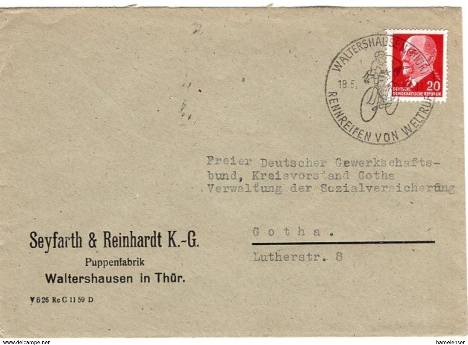 54504 - DDR - 1963 - 20Pfg Ulbricht EF A Bf Handwerbestpl WALTERSHAUSEN - RENNREIFEN VON WELTRUF -> Gotha - Wielrennen