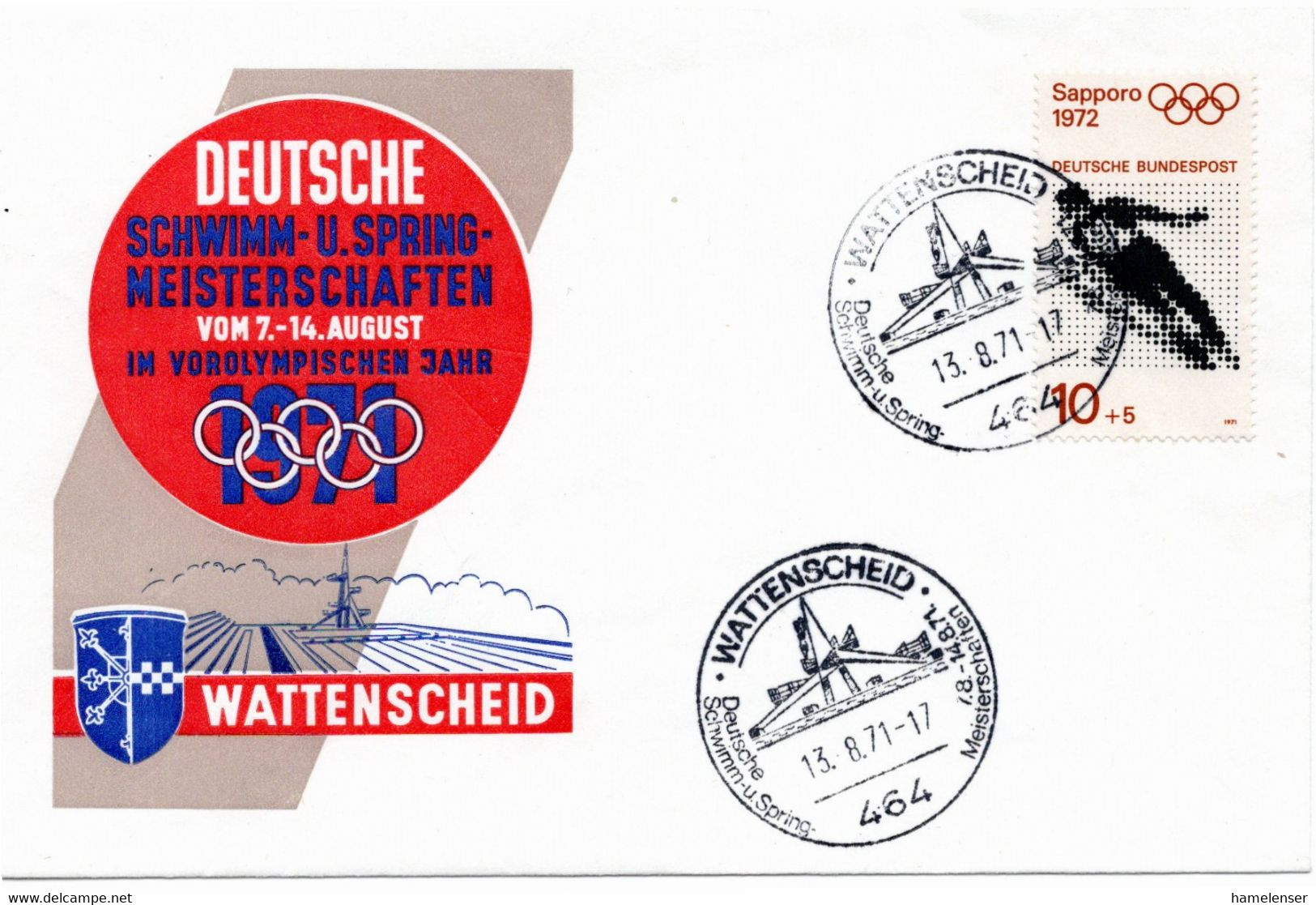 54505 - Bund - 1971 - 10Pfg Olympiade Sapporo EF A Umschl SoStpl WATTENSCHEID - DEUTSCHE SCHWIMM- ... MEISTERSCHAFTEN .. - Schwimmen