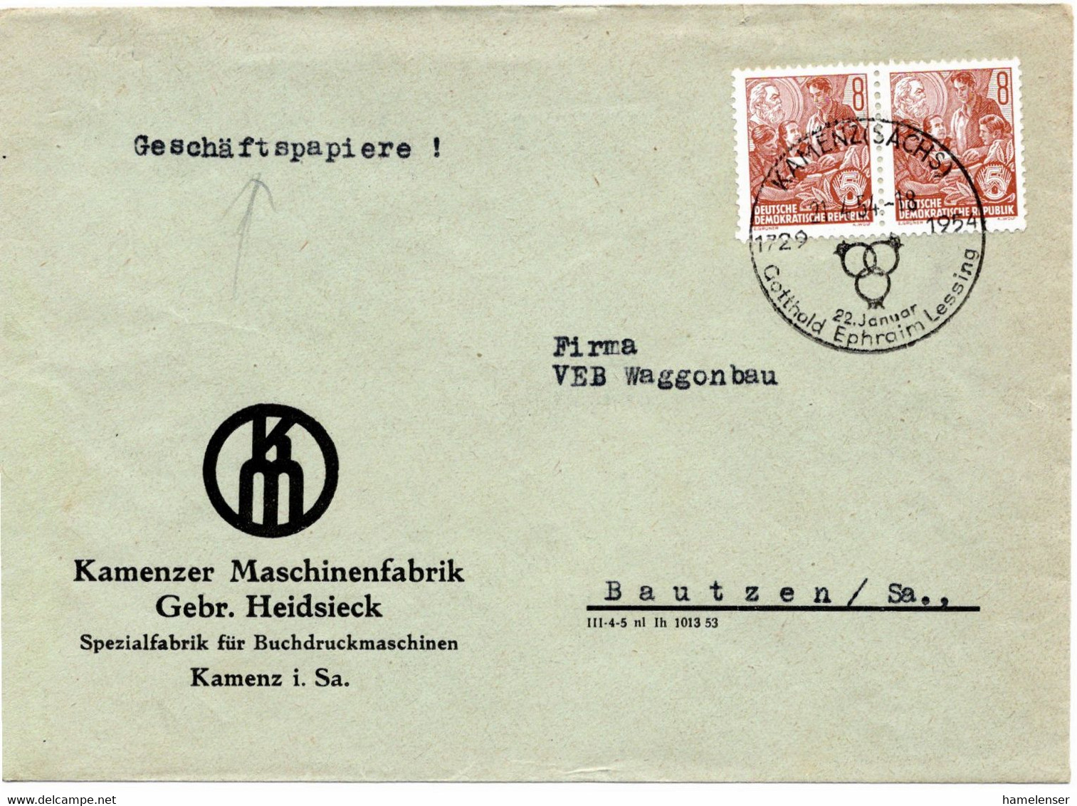 54506 - DDR - 1954 - 2@8Pfg Fuenfjahrplan A GeschBf Handwerbestpl KAMENZ - GOTTHOLD EPHRAIM LESSING -> Bautzen - Schrijvers