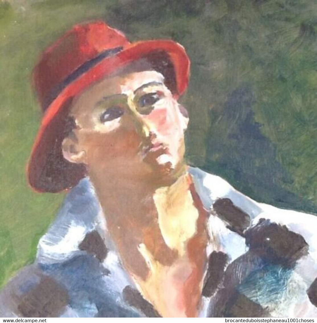 Tableau Moyen Format  Peinture Sur Panneau Isorel   Portrait " Homme Au Chapeau " - Huiles