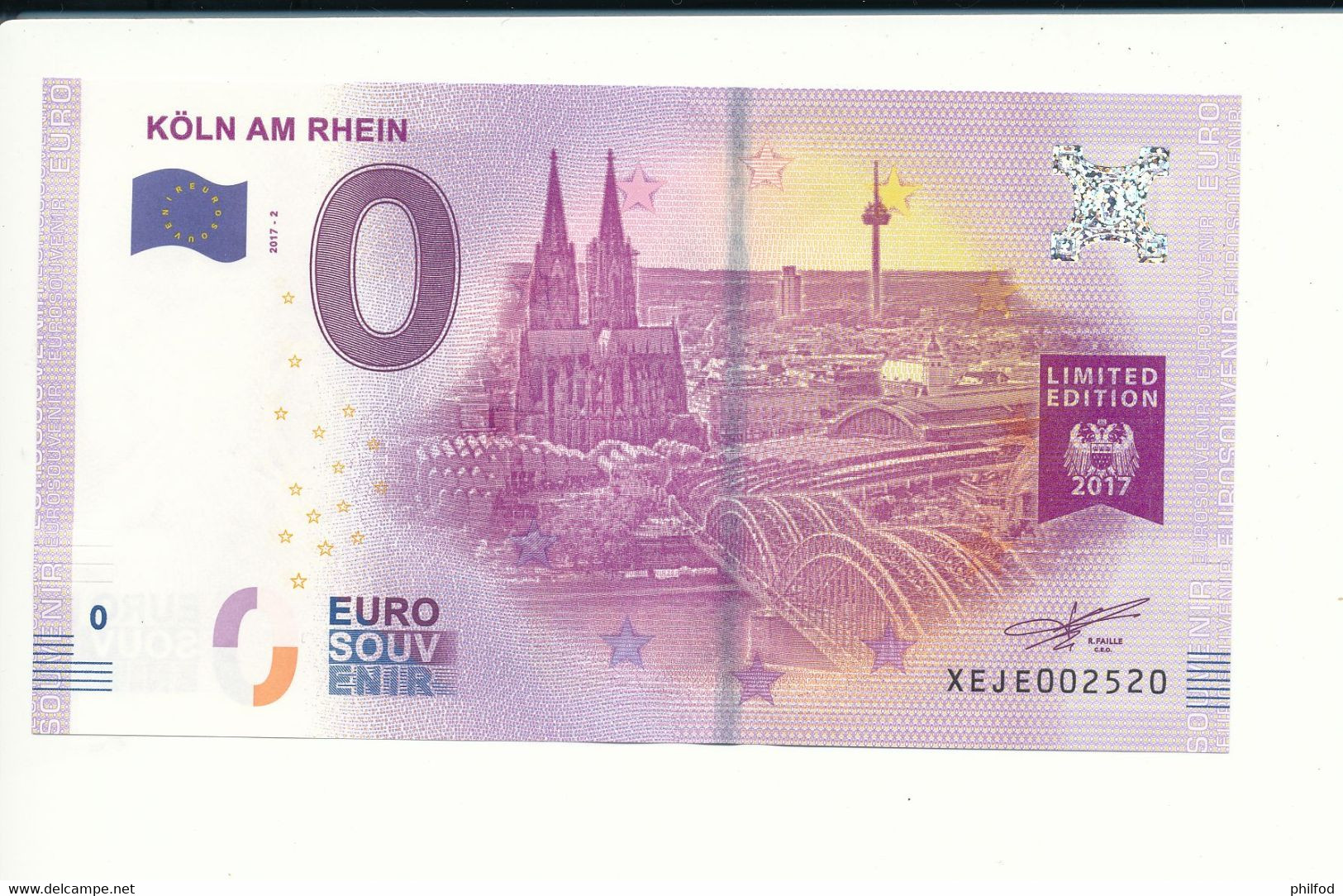 Billet Souvenir - 0 Euro - XEJE - 2017-2 - KÖLN AM RHEIN LIMITED EDITION 2017 - N° 2520 - Billet épuisé - Lots & Kiloware - Banknotes