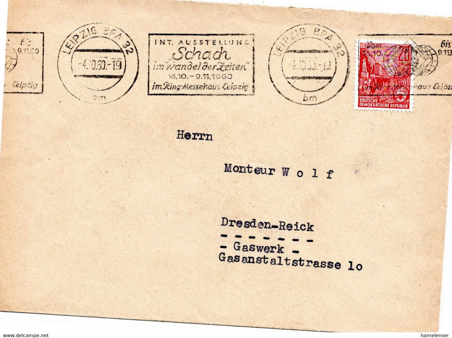 54510 - DDR - 1960 - 20Pfg Fuenfjahrplan EF A Bf LEIPZIG - INT. AUSSTELLUNG "SCHACH ..." ... -> Dresden - Chess
