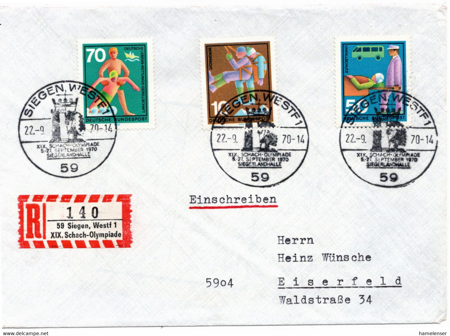 54511 - Bund - 1970 - 70Pfg DLRG MiF A R-Bf SoStpl SIEGEN - XIX. SCHACH-OLYMPIADE ... -> Eiserfeld - Schach