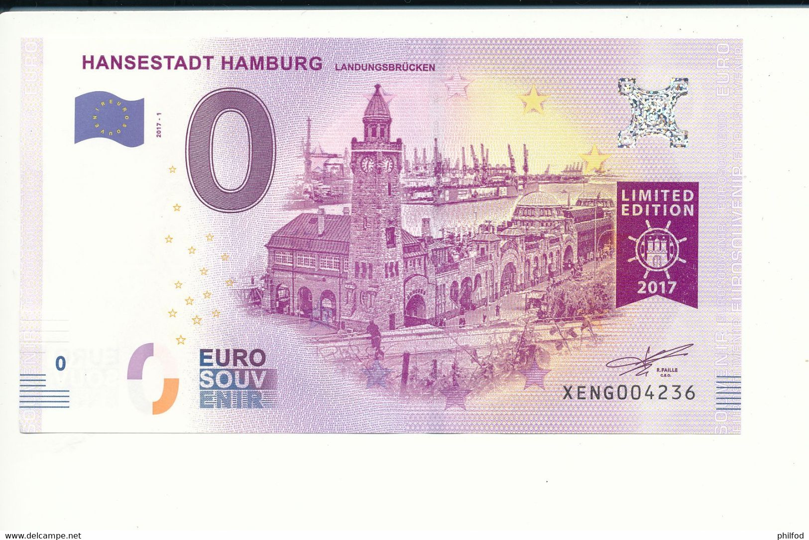 Billet Souvenir - 0 Euro - XENG - 2017-1 - HANSESTADT HAMBURG - LANDUNGBRÜCKEN LIMITED EDITION - N° 4236 - Alla Rinfusa - Banconote