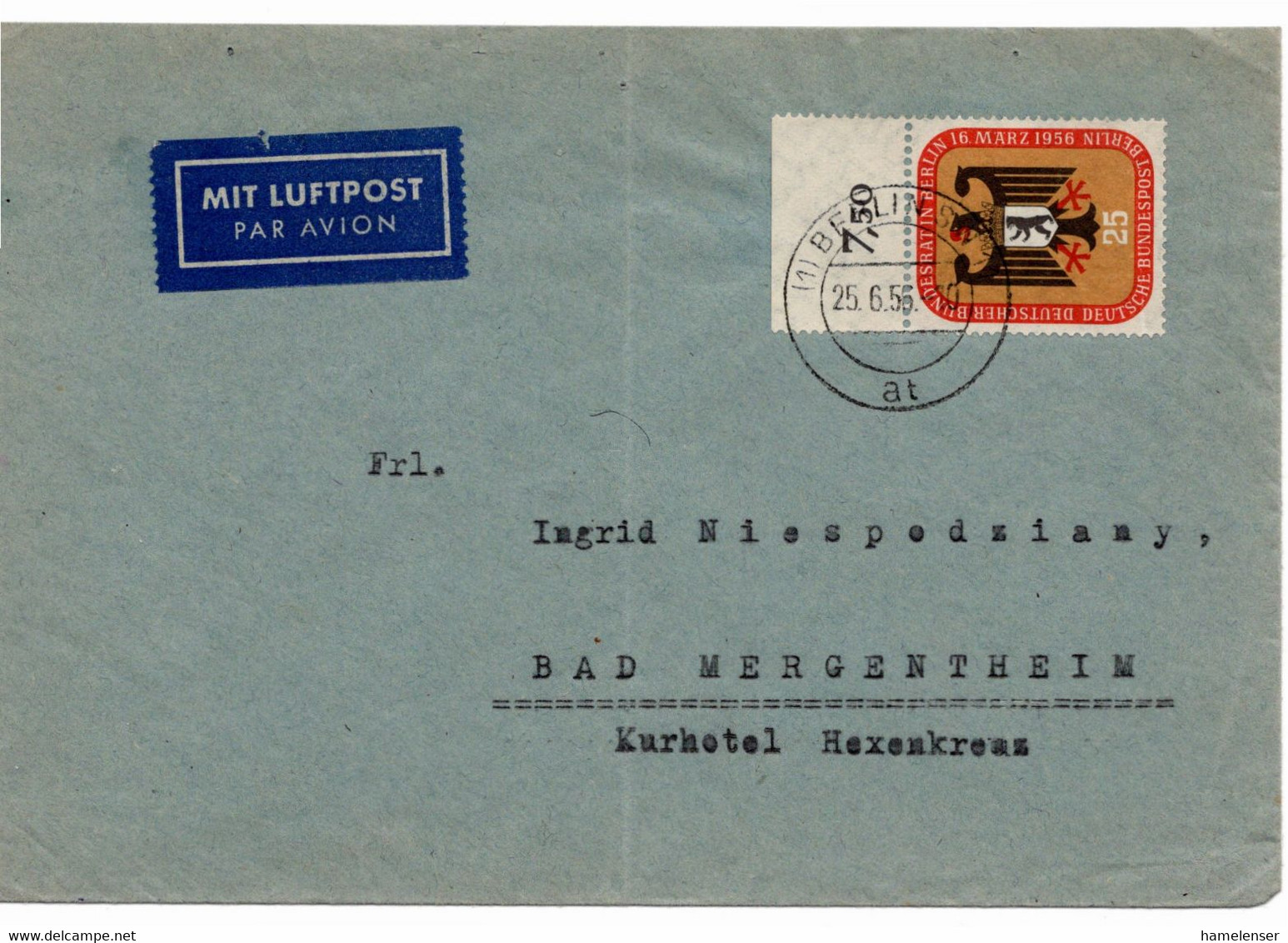 54515 - Berlin - 1956 - 25Pfg Bundesrat In Berlin EF A LpBf BERLIN -> Bad Mergentheim, Senkr Mittelbug (Marke OK) - Brieven En Documenten