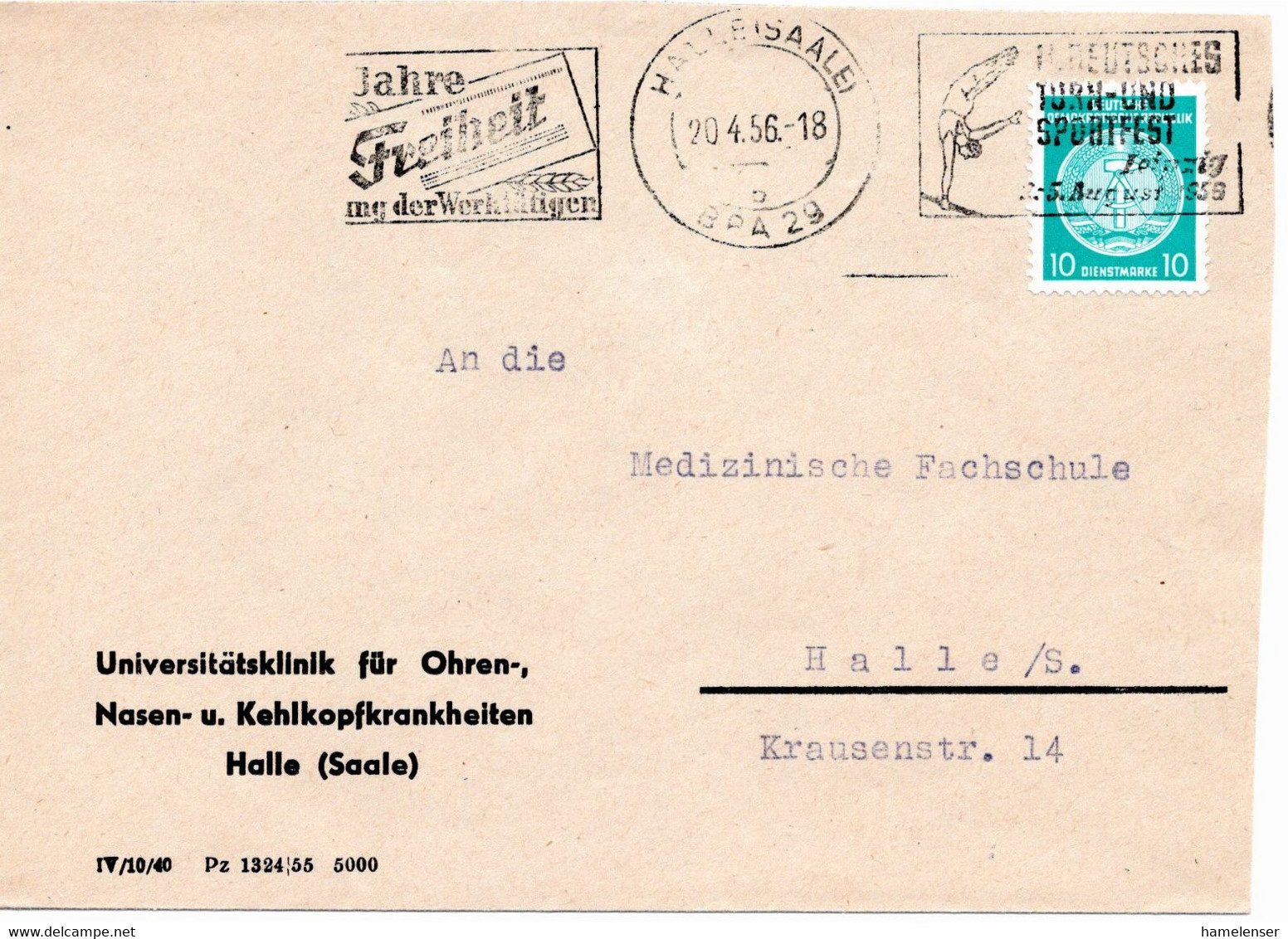 54519 - DDR / Dienst - 1956 - 10Pfg Zirkel Rechts EF A OrtsBf LEIPZIG - II. DEUTSCHES TURN- UND SPORTFEST ... - Ginnastica