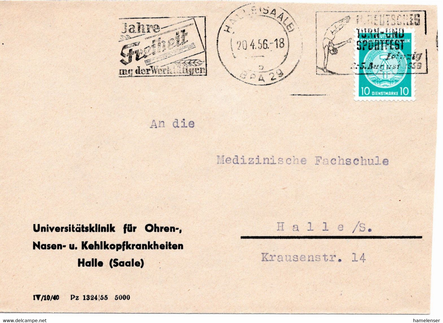 54519 - DDR / Dienst - 1956 - 10Pfg Zirkel Rechts EF A OrtsBf LEIPZIG - II. DEUTSCHES TURN- UND SPORTFEST ... - Gymnastiek