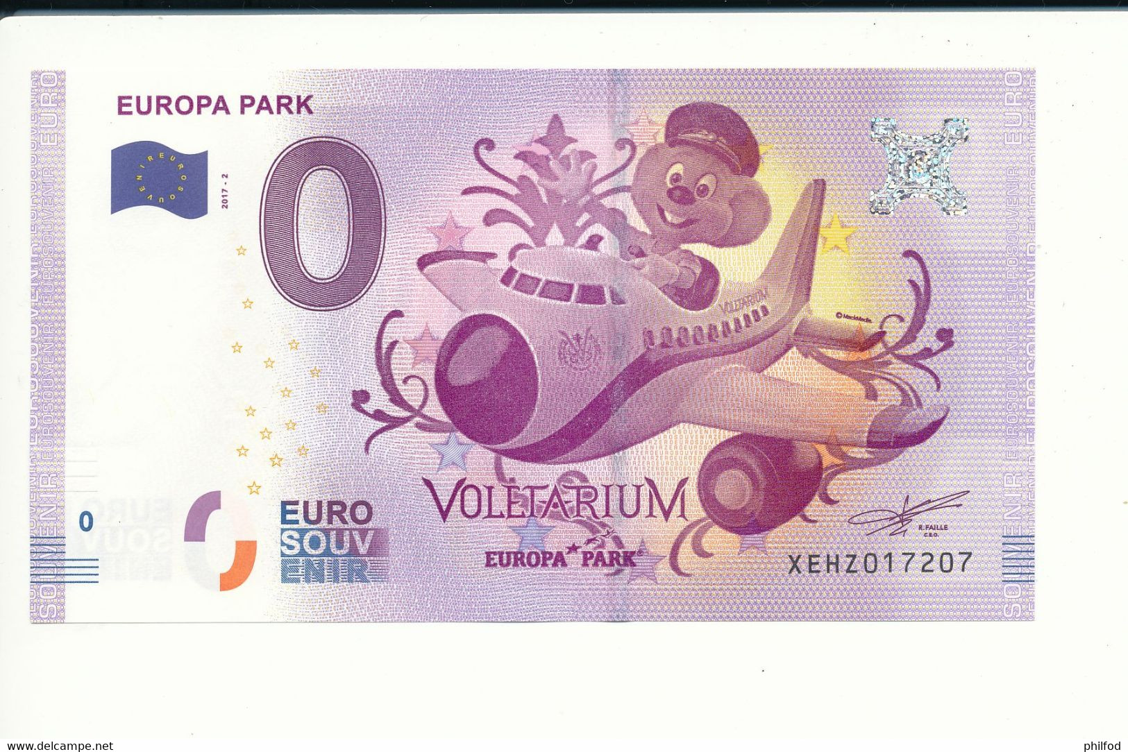 Billet Souvenir - 0 Euro - XEHZ - 2017-2 - EUROPA PARK VOLETARIUM - N° 17207 - Billet épuisé - Alla Rinfusa - Banconote