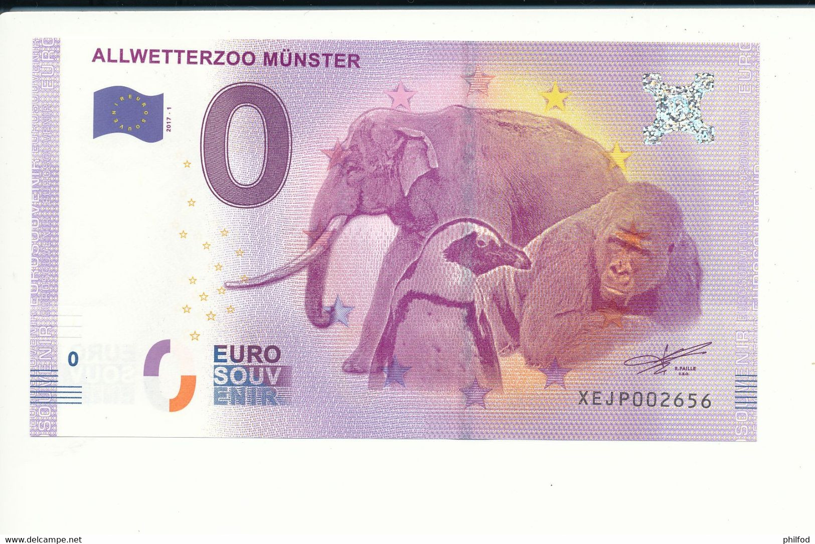 Billet Souvenir - 0 Euro - XEJP - 2017-1 - ALLWETTERZOO MÜNSTER - N° 256 - Billet épuisé - Kilowaar - Bankbiljetten