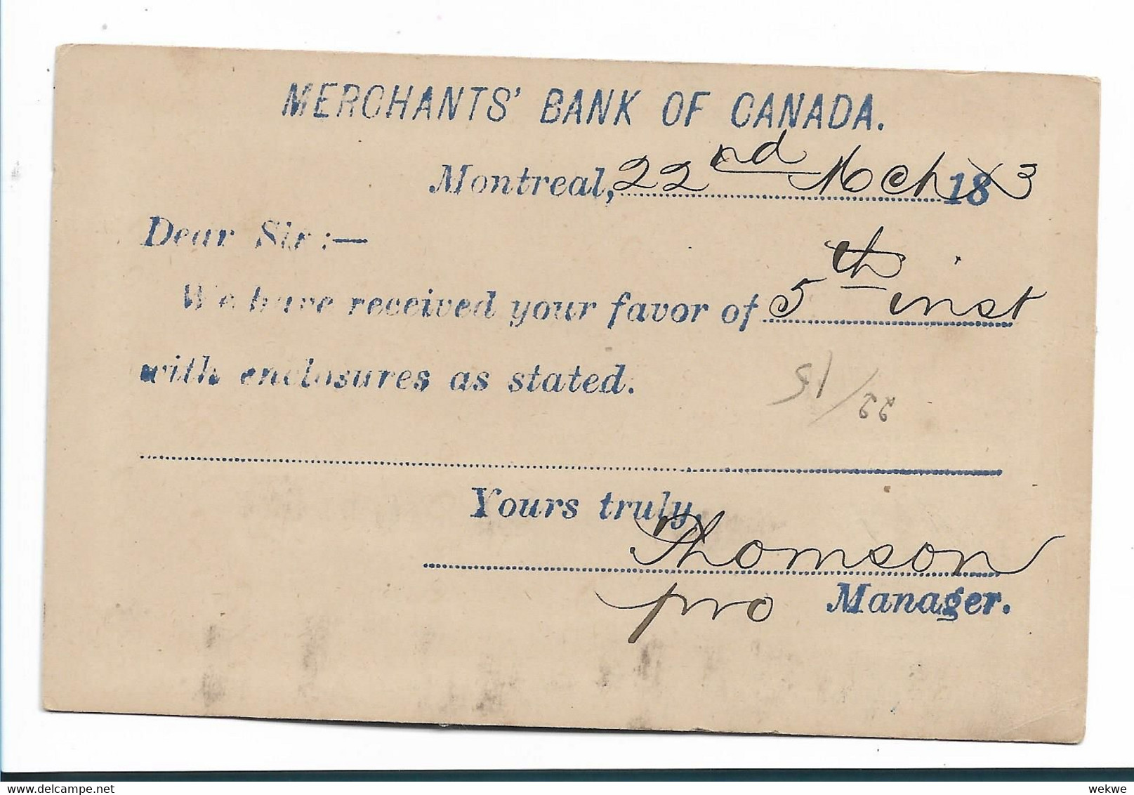 C-V030 / KANADA - Bank-Ganzsache (Entire) Montreal Nach Paris 1893 - 1860-1899 Règne De Victoria