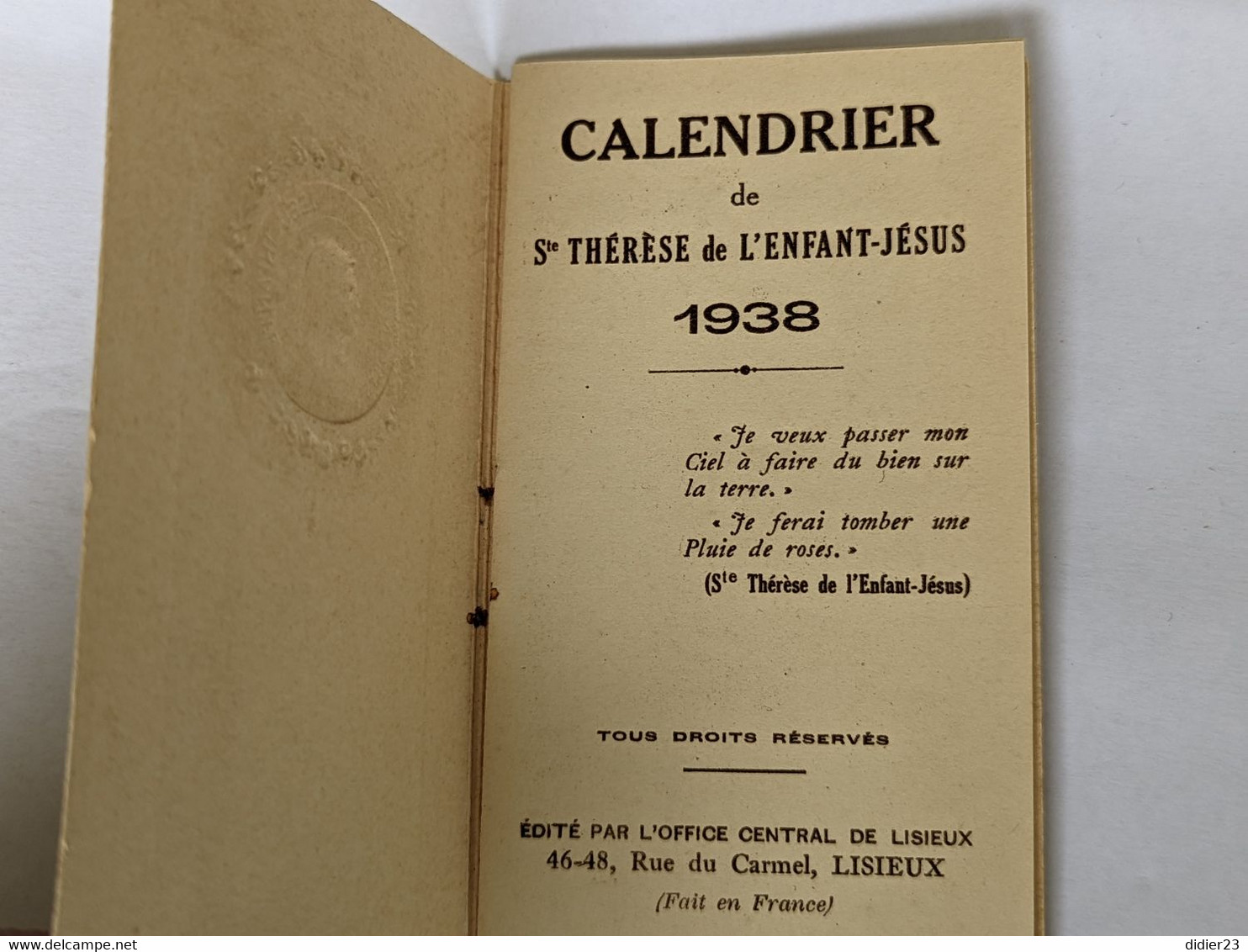 1938 MINI CALENDRIER DE POCHE  SAINTE THERESE DE L'ENFANT JESUS LISIEUX - Grand Format : 1921-40