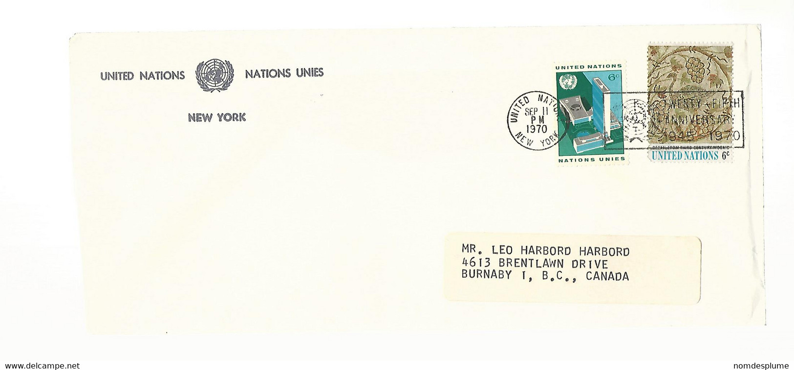 56217 ) Cover United Nations Postmark  1970 - Lettres & Documents
