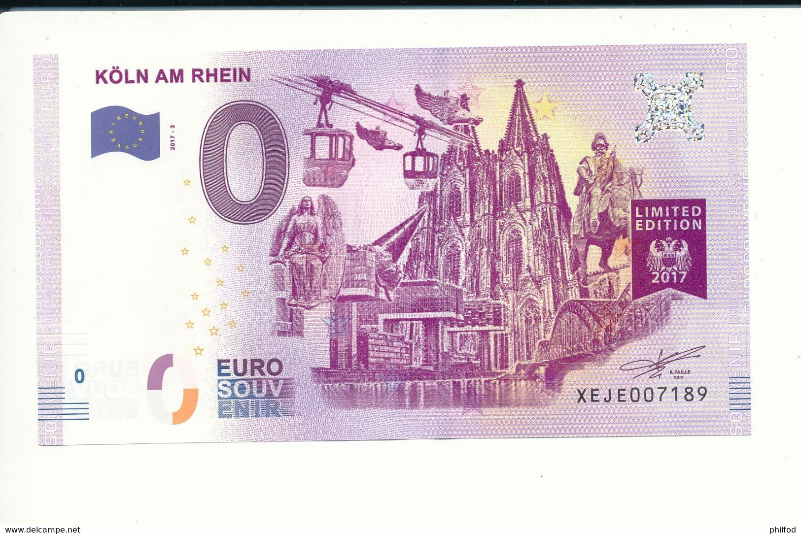 Billet Souvenir - 0 Euro - XEJE - 2017-3 - KÖLN AM RHEIN LIMITED EDITION 2017 - N° 7189 - Billet épuisé - Lots & Kiloware - Banknotes